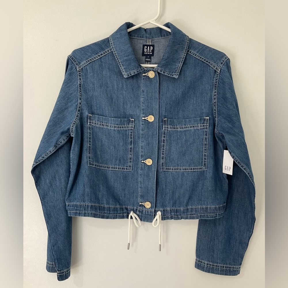 NWT GAP Cropped Denim Jacket with Buttons & Drawstring Ties, size: small